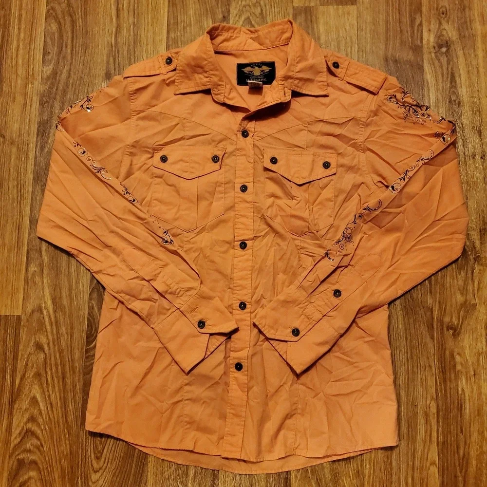 Vintage 90s El General Western‎ Shirt Men Medium Orange Cross Embellished